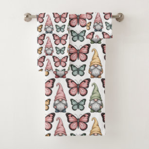 Seamless Pattern with Gnomes and Butterflies Bath Towel Set