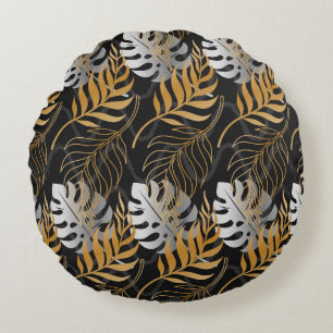 Seamless pattern with gold, silver tropical plant round cushion
