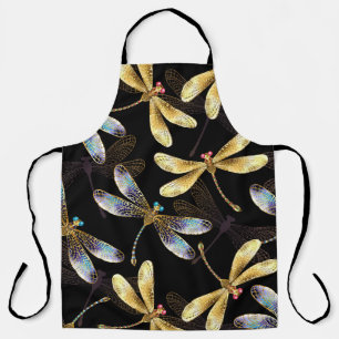 Seamless Pattern with Golden Dragonflies Apron
