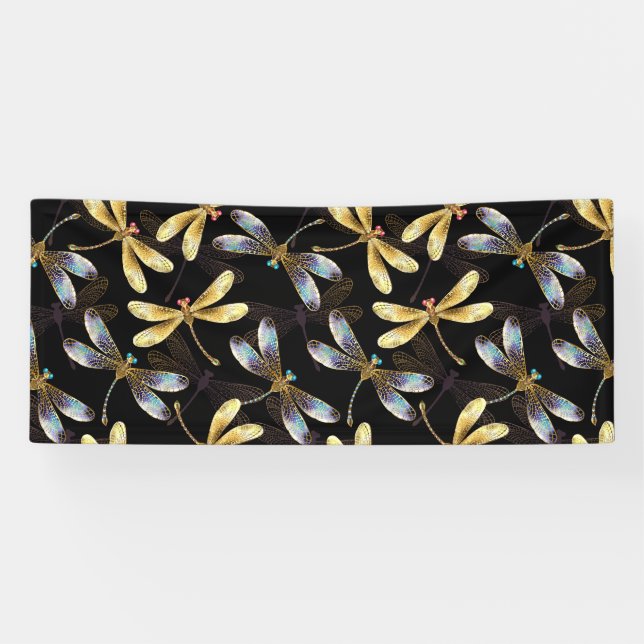 Seamless Pattern with Golden Dragonflies Banner (Horizontal)