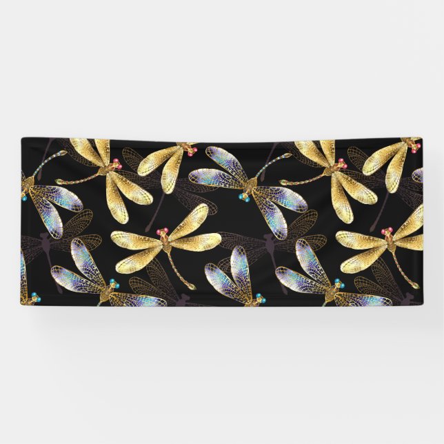 Seamless Pattern with Golden Dragonflies Banner (Horizontal)