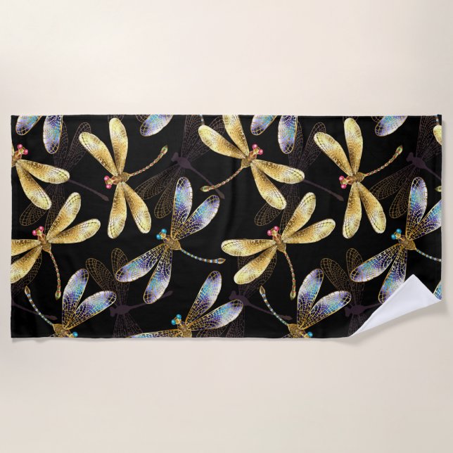 Seamless Pattern with Golden Dragonflies Beach Towel (Front)