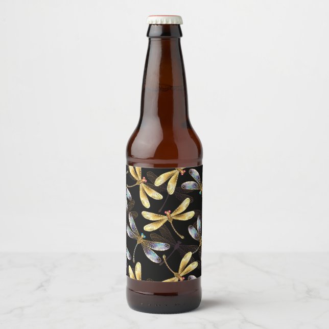 Seamless Pattern with Golden Dragonflies Beer Bottle Label (Front)
