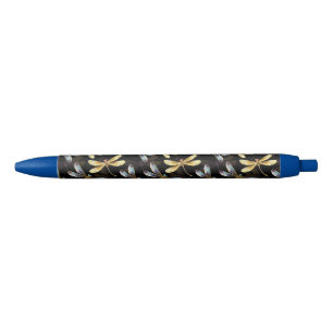 Seamless Pattern with Golden Dragonflies Black Ink Pen
