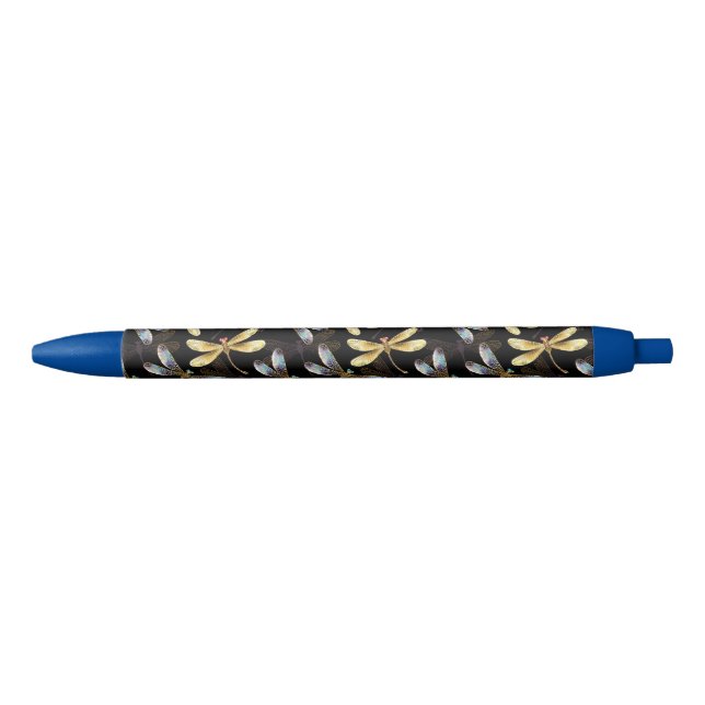 Seamless Pattern with Golden Dragonflies Black Ink Pen (Front)