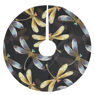 Seamless Pattern with Golden Dragonflies Brushed Polyester Tree Skirt