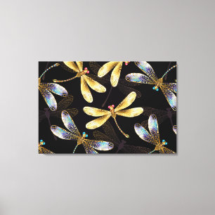 Seamless Pattern with Golden Dragonflies Canvas Print