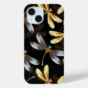 Seamless Pattern with Golden Dragonflies iPhone 15 Case