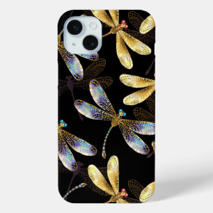 Seamless Pattern with Golden Dragonflies iPhone 15 Mini Case