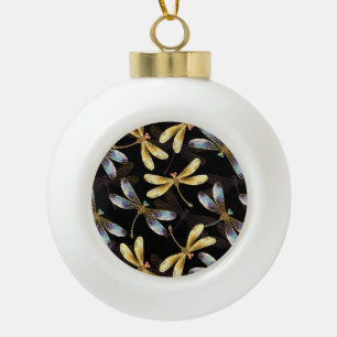 Seamless Pattern with Golden Dragonflies Ceramic Ball Christmas Ornament
