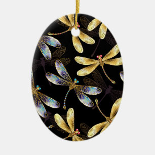 Seamless Pattern with Golden Dragonflies Ceramic Tree Decoration