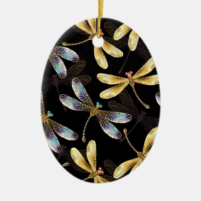 Seamless Pattern with Golden Dragonflies Ceramic Tree Decoration (Front)
