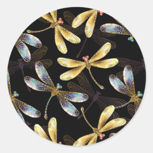 Seamless Pattern with Golden Dragonflies Classic Round Sticker
