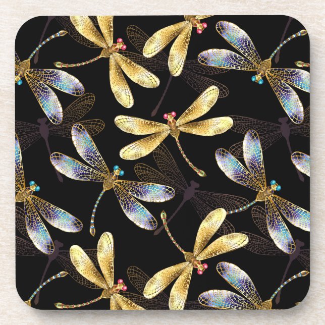 Seamless Pattern with Golden Dragonflies Coaster (Front)