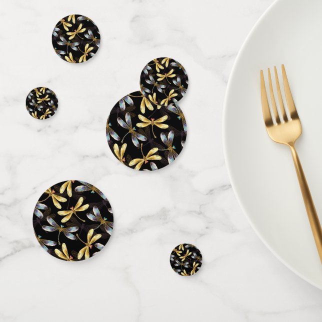 Seamless Pattern with Golden Dragonflies Confetti (Group)