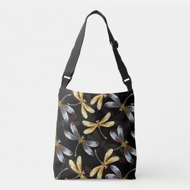 Seamless Pattern with Golden Dragonflies Crossbody Bag (Front)
