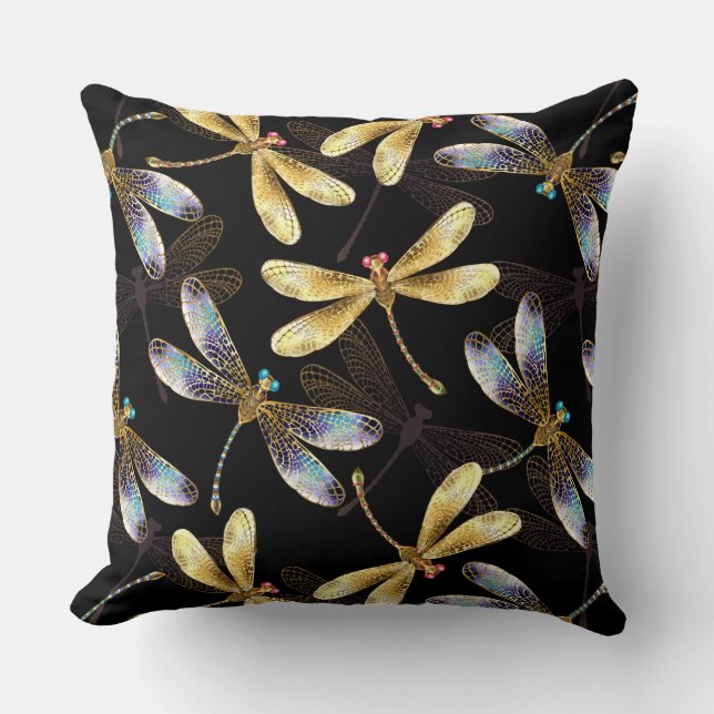 Seamless Pattern with Golden Dragonflies Cushion (Front)