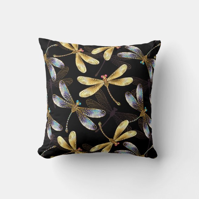Seamless Pattern with Golden Dragonflies Cushion (Front)