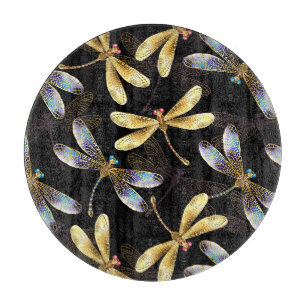 Seamless Pattern with Golden Dragonflies Cutting Board