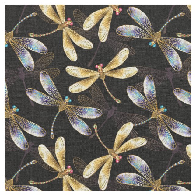 Seamless Pattern with Golden Dragonflies Fabric (Close Up)