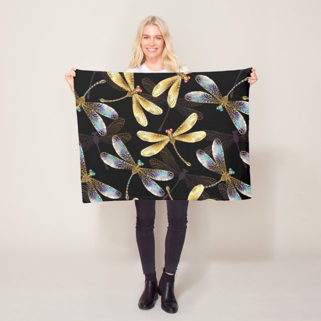 Seamless Pattern with Golden Dragonflies Fleece Blanket (In Situ)