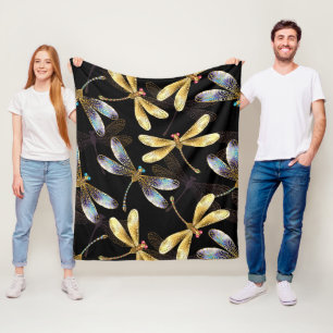 Seamless Pattern with Golden Dragonflies Fleece Blanket