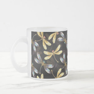 Seamless Pattern with Golden Dragonflies Frosted Glass Coffee Mug