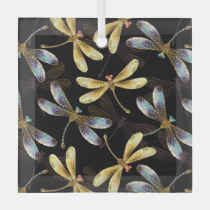 Seamless Pattern with Golden Dragonflies Glass Tree Decoration