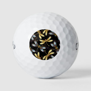 Seamless Pattern with Golden Dragonflies Golf Balls
