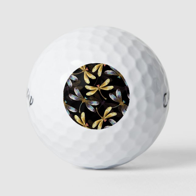 Seamless Pattern with Golden Dragonflies Golf Balls (Front)