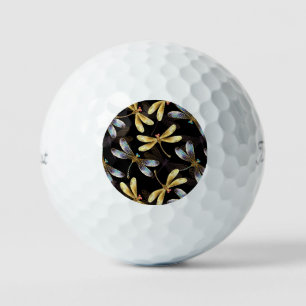 Seamless Pattern with Golden Dragonflies Golf Balls
