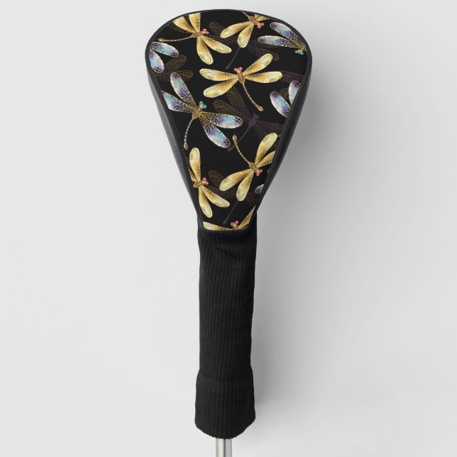 Seamless Pattern with Golden Dragonflies Golf Head Cover (Front)