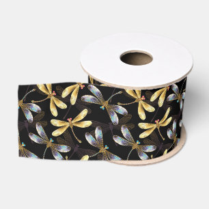 Seamless Pattern with Golden Dragonflies Grosgrain Ribbon
