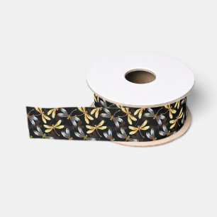 Seamless Pattern with Golden Dragonflies Grosgrain Ribbon