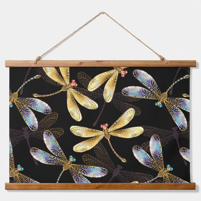 Seamless Pattern with Golden Dragonflies Hanging Tapestry (Front)