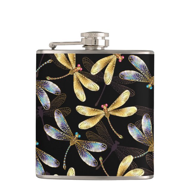 Seamless Pattern with Golden Dragonflies Hip Flask (Front)