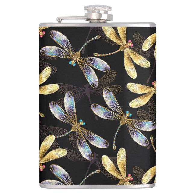 Seamless Pattern with Golden Dragonflies Hip Flask (Front)