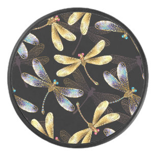 Seamless Pattern with Golden Dragonflies Hockey Puck