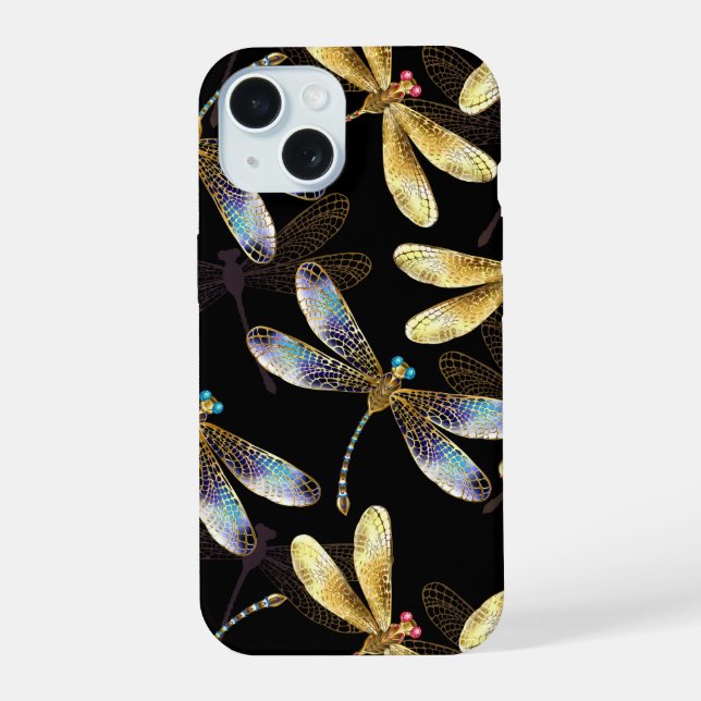 Seamless Pattern with Golden Dragonflies iPhone 15 Case (Back)