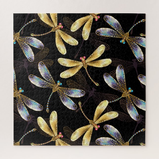 Seamless Pattern with Golden Dragonflies Jigsaw Puzzle (Vertical)