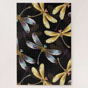 Seamless Pattern with Golden Dragonflies Jigsaw Puzzle