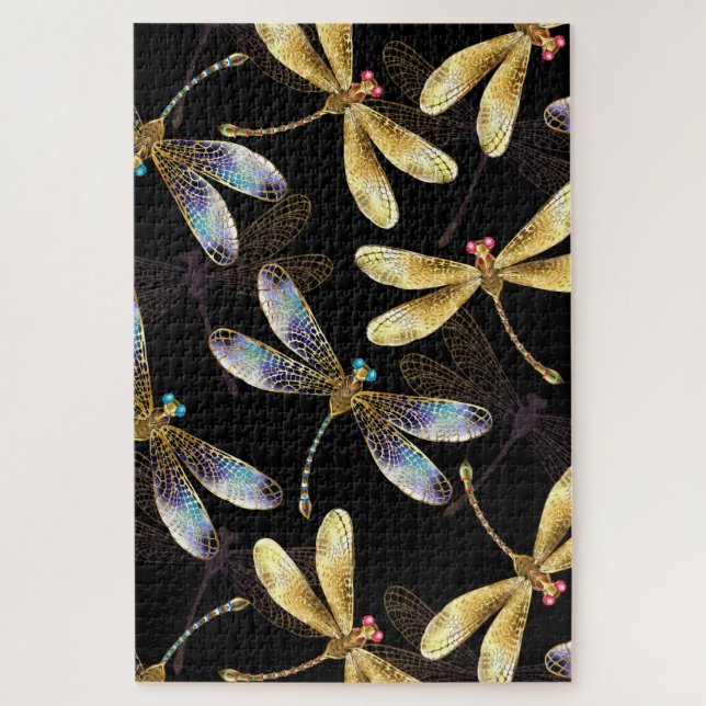 Seamless Pattern with Golden Dragonflies Jigsaw Puzzle (Vertical)