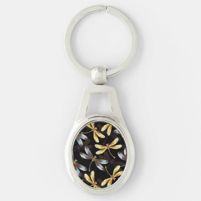 Seamless Pattern with Golden Dragonflies Key Ring (Front)