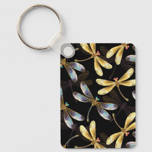 Seamless Pattern with Golden Dragonflies Key Ring