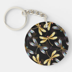 Seamless Pattern with Golden Dragonflies Key Ring