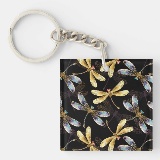 Seamless Pattern with Golden Dragonflies Key Ring (Front)