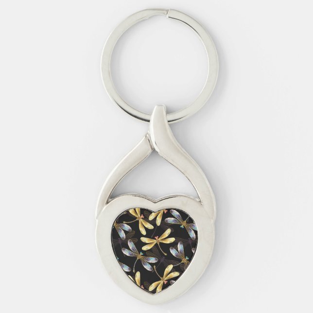 Seamless Pattern with Golden Dragonflies Key Ring (Front)