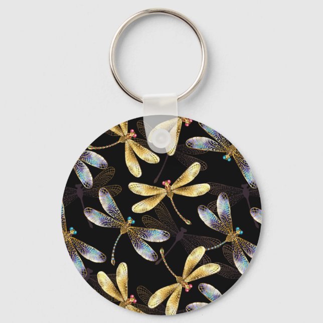 Seamless Pattern with Golden Dragonflies Key Ring (Front)
