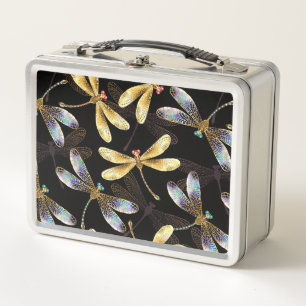 Seamless Pattern with Golden Dragonflies Metal Lunch Box