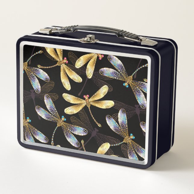 Seamless Pattern with Golden Dragonflies Metal Lunch Box (Front)